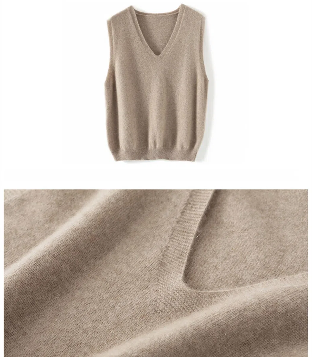 Pull en tricot à col en V pour femme, 100 % laine mérinos, léger, sans manches, gilet basique court