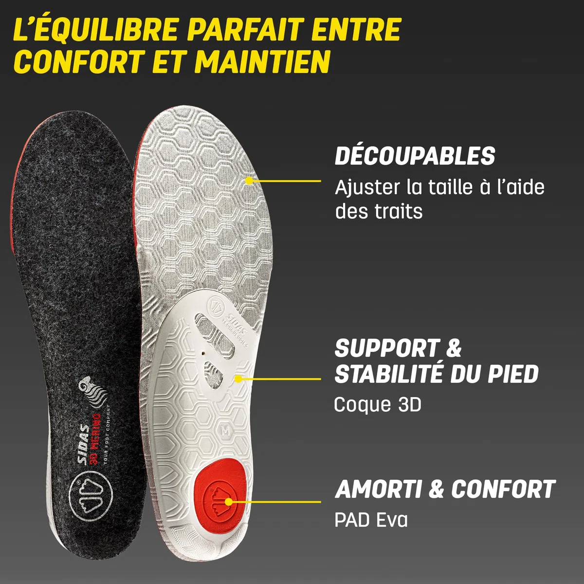 Sidas Semelles laine Merinos, Winter 3D, Pour le Ski et les Activités hivernales, Semelles Isolantes et Confort, Garder les pieds au chaud, Stabilité du Pied avec la coque EVA, pour Homme et Femme