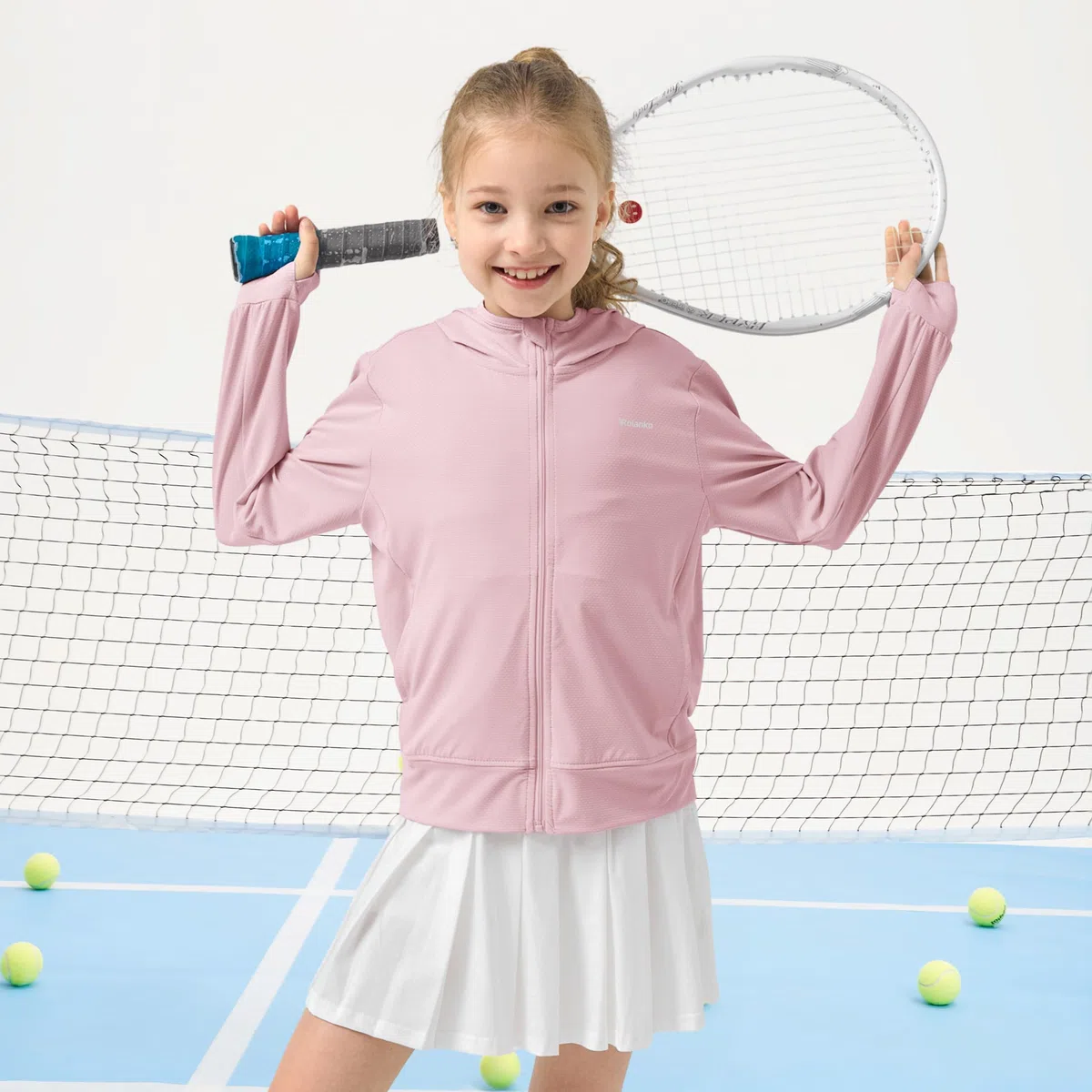 Rolanko Veste Fille à Manches Longues Protection Estivale Contre les Rayons UV Capuche à Séchage Rapide Avec Trous pour Les Pouce pour Enfants