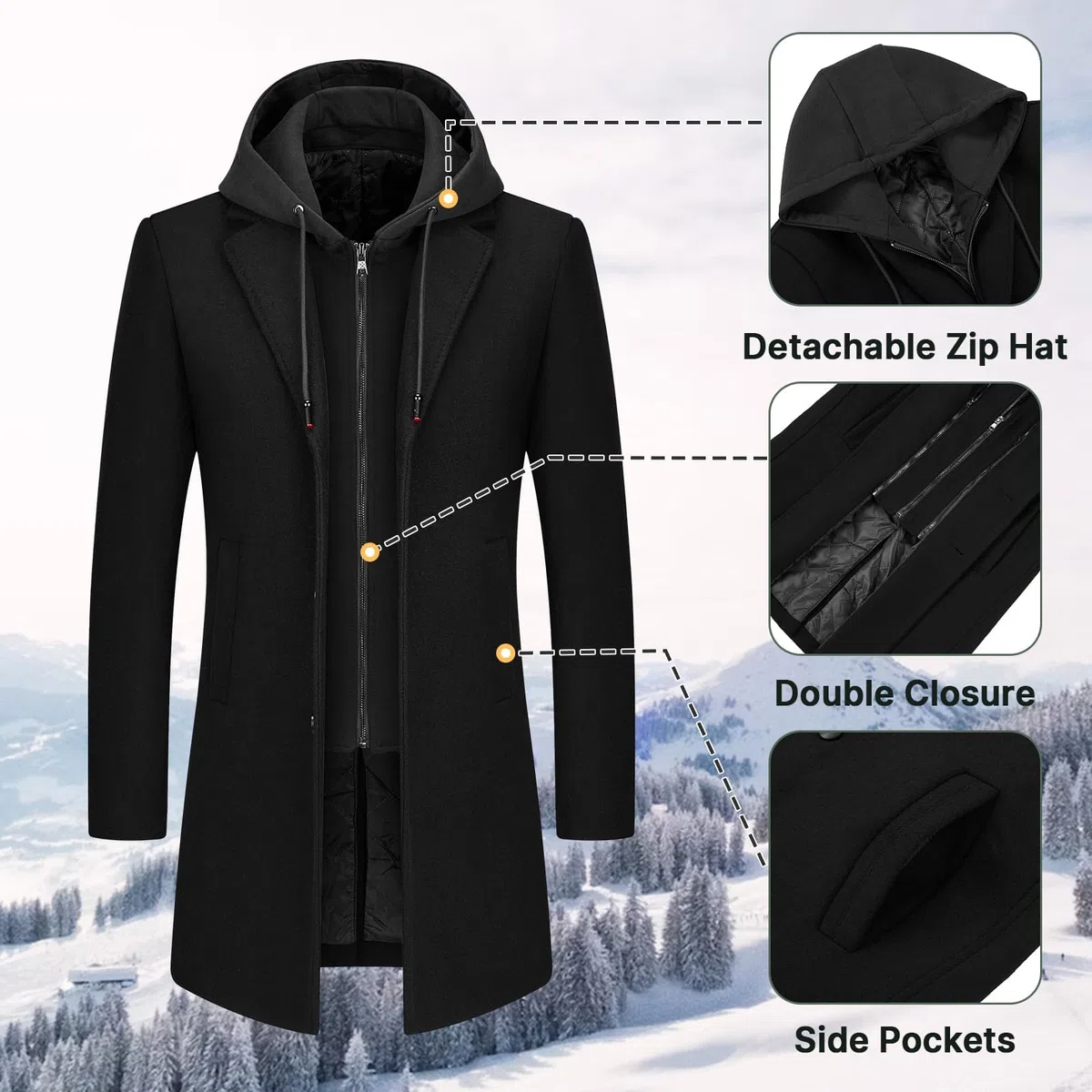Manteau Homme en Laine à Capuche Amovible Chaud Long Trench-Coat pour Hiver Caban Parka Homme Slim Fit