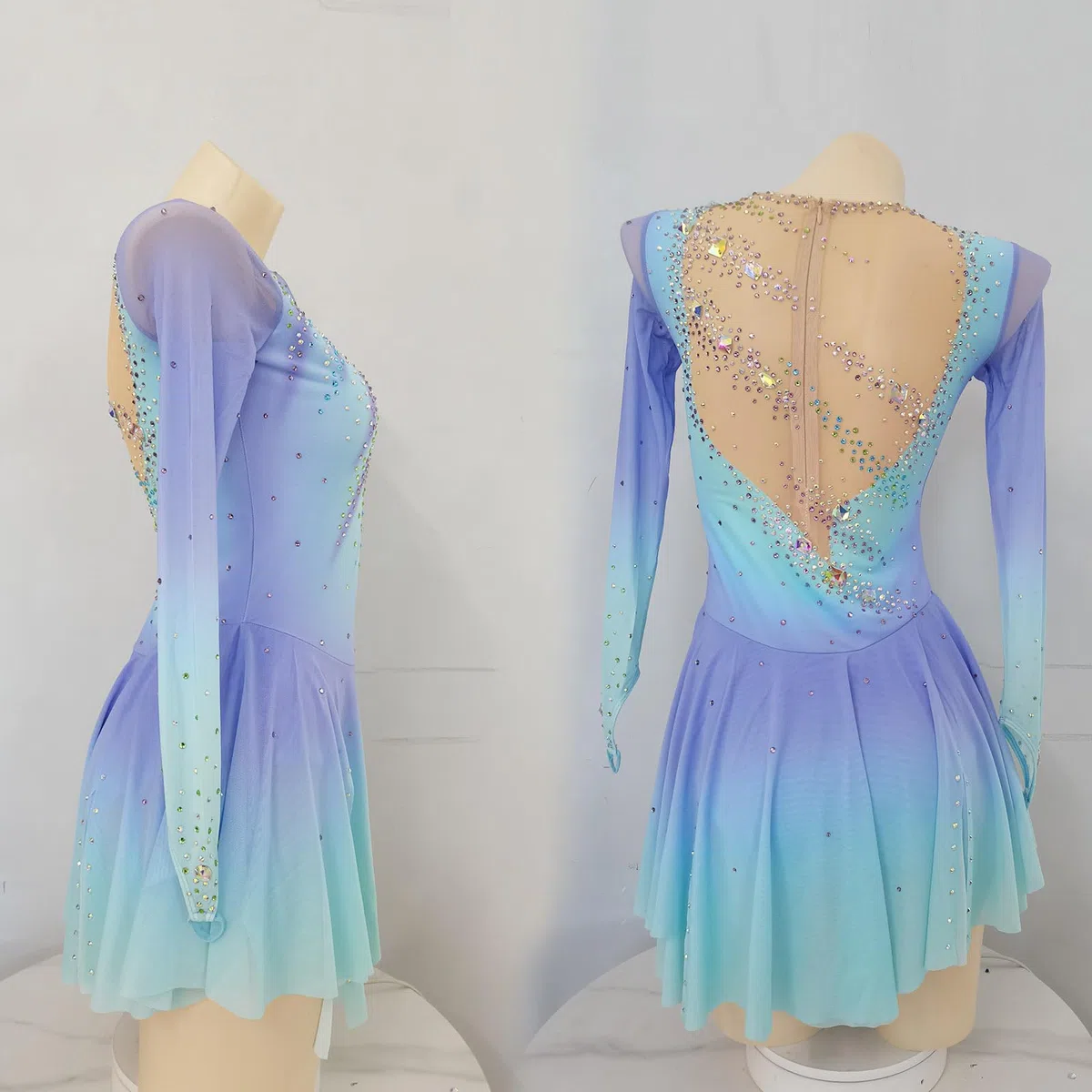 LIUHUO Robe de Patinage Artistique élégante pour Filles et Femmes avec Jupe de Danse sur Glace dégradé Bleu
