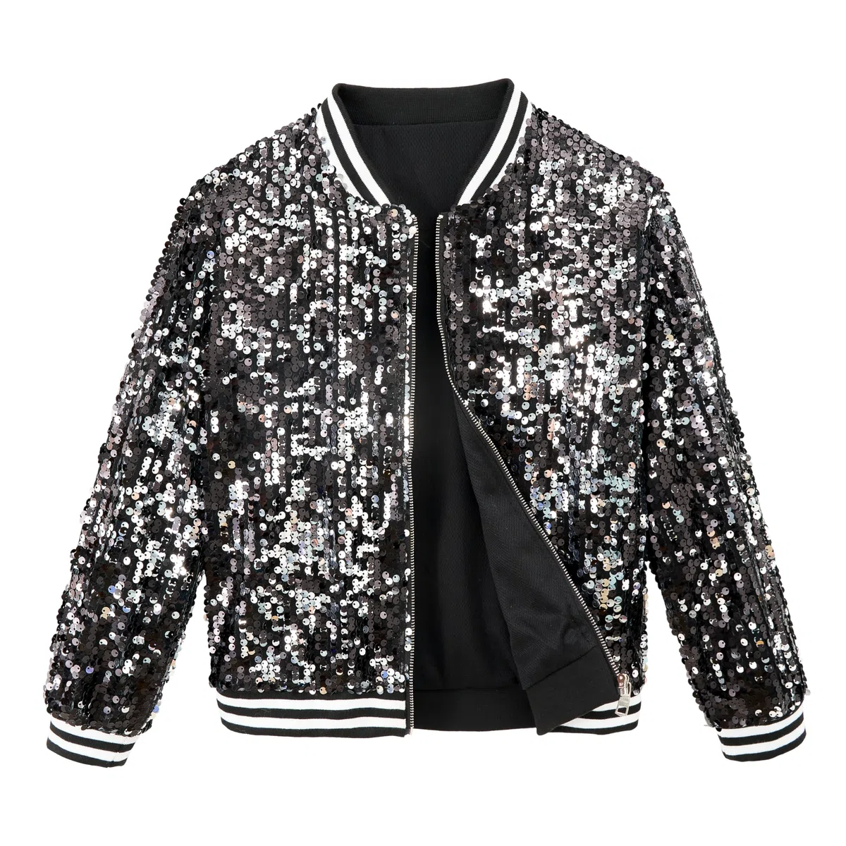 LOLANTA Blouson Bombardier à Poches Zippées à Paillettes pour Filles Veste de Baseball à Manches Longues pour Enfants