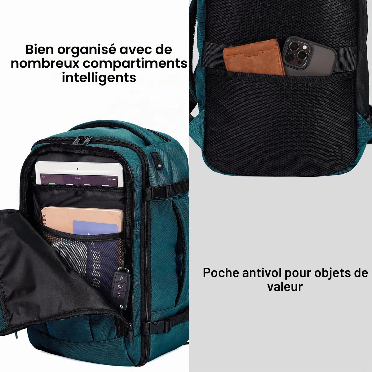 ECOHUB Bagage Cabine 45x36x20 Easyjet, 30L Sac a Dos de Voyage Cabine Avion Imperméable, Bagage a Main Sous Le Siège PET Recyclé, Valise Cabine Easyjet Homme Femme, Brevet en Cours, Bleu vert