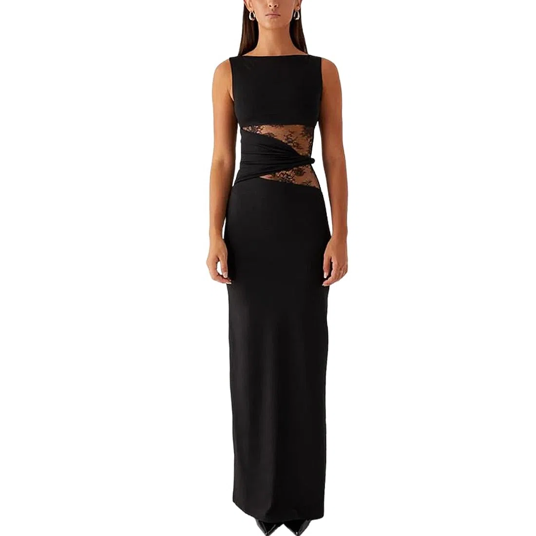 Robe Femme Sexy sans Manches Robes Longue Moulante à Col Rond Maxi Robe Transparente Dentelle Patchwork Robes de Cocktail Chic et Elégant Bodycon pour Clubbing Prom Fête Mariage Invité