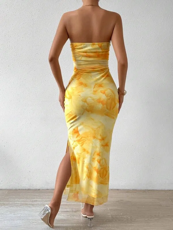 Robe Femme Sexy sans Bretelles Imprimé Tie Dye Robes Longue Tube sans Manches Elégant Robe Moulante D'éte Dos Nu Maxi Robes Fendue Casual Bodycon Prom Dress de Soirée Cocktail Clubbing Fête