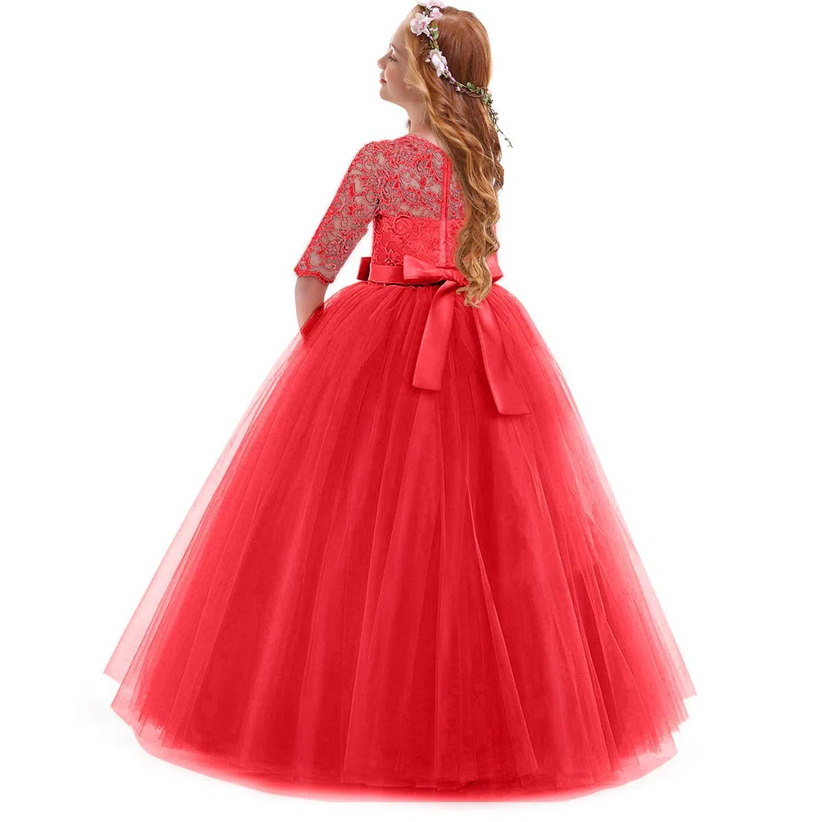 IWEMEK Enfants Fille Robe de Carnaval Princesse Longue en Dentelle avec Bowknot Demoiselle d'honneur Robe de Soirée Mariage Robe de Première Communion Anniversaire Fête Photographie 2-14 Ans